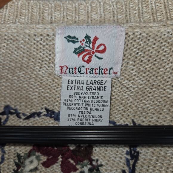 Vintage Sweater Nut Cracker Cardigan XL Beige Christmas Party Deer Forest Cabin - Picture 7 of 11